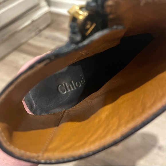 Chloe Open Back Wedge Boot in Black Leather with Gold Accents - Picture 5 of 6